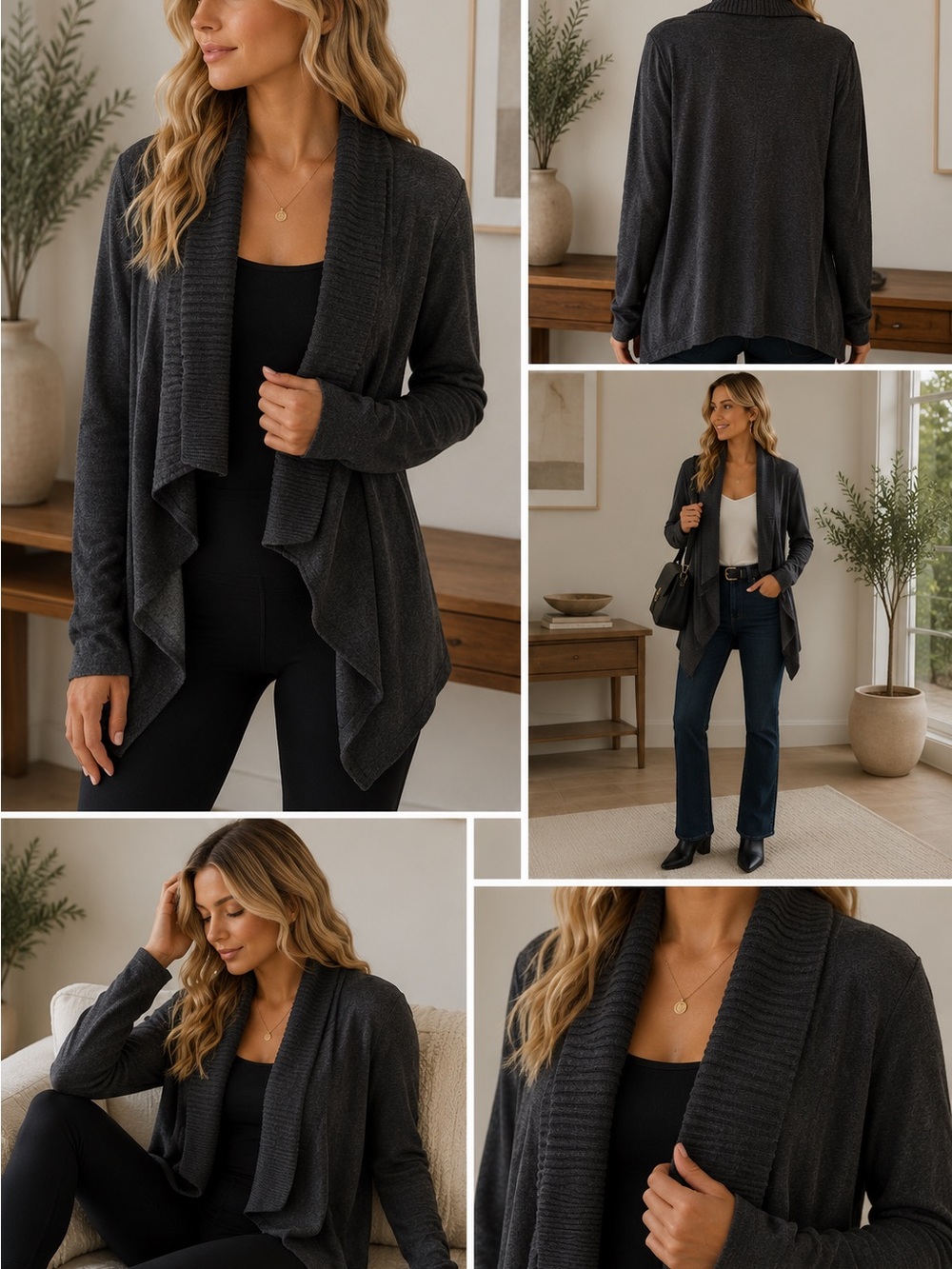 Aritzia Dark Charcoal Open-Front Shawl Collar Cardigan